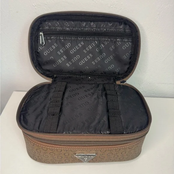 Guess Travel Cosmetic Bag Brown Logo 2 Tier Makeup Case Double Layer Organizer - Picture 4 of 8